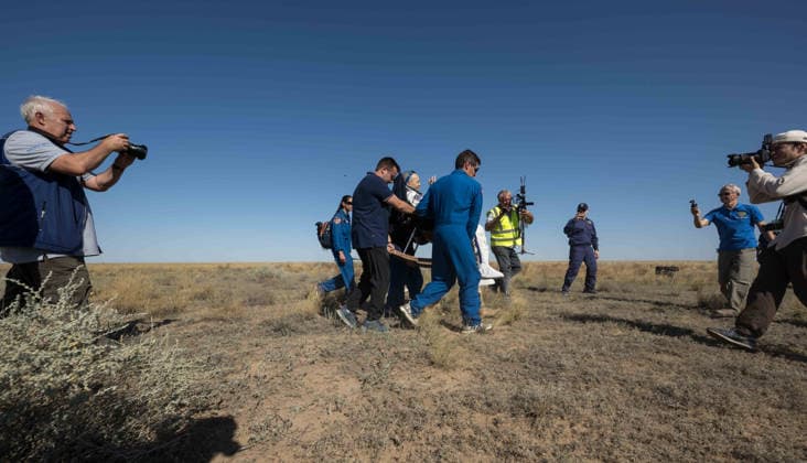 July 29, 2026, Zhezkazgan, Kazakhstan: NASA astronaut Chris Williams is carried to the NASA medical tent moments after landing aboard the Soyuz MS-28 spacecraft, July 26, 2026 near the town of Zhezkazgan, Kazakhstan. Williams landed with cosmonauts Sergei Mikaev and Sergey Kud-Sverchkov, after 241 days in space aboard the International Space Station. Zhezkazgan Kazakhstan - ZUMAp138 20260729_zaa_p138_033 Copyright: xBillxIngalls Nasax