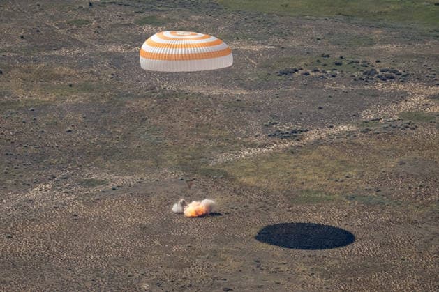 July 29, 2026, Zhezkazgan, Kazakhstan: The Soyuz MS-28 spacecraft touches down safely on the ground after the journey back from the International Space Station, July 26, 2026 near the town of Zhezkazgan, Kazakhstan. NASA astronaut Chris Williams landed with cosmonauts Sergei Mikaev and Sergey Kud-Sverchkov, after 241 days in space aboard the International Space Station. Zhezkazgan Kazakhstan - ZUMAp138 20260729_zaa_p138_037 Copyright: xBillxIngalls Nasax