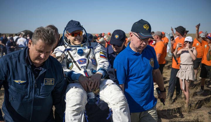 July 29, 2026, Zhezkazgan, Kazakhstan: Roscosmos cosmonaut Sergey Kud-Sverchkov is carried to the medical tent moments after landing aboard the Soyuz MS-28 spacecraft, July 26, 2026 near the town of Zhezkazgan, Kazakhstan. Kud-Sverchkov landed with fellow cosmonaut Sergei Mikaev and NASA astronaut Chris Williams, after 241 days in space aboard the International Space Station. Zhezkazgan Kazakhstan - ZUMAp138 20260729_zaa_p138_049 Copyright: xBillxIngalls Nasax
