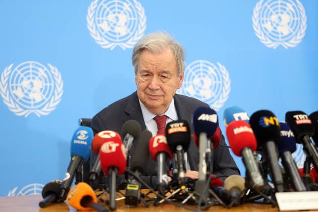 (260729) -- NICOSIA, July 29, 2026 -- United Nations (UN) Secretary-General Antonio Guterres speaks at a press conference after a tripartite meeting with Cypriot President Nikos Christodoulides and Turkish Cypriot leader Tufan Erhurman at the UN buffer zone in Nicosia, Cyprus, on July 29, 2026. TO GO WITH UN chief announces plans for new enlarged meeting on Cyprus issue (Photo by Xinhua) CYPRUS-NICOSIA-UN CHIEF-CYPRUS ISSUE-PLANS GeorgexChristophorou 
