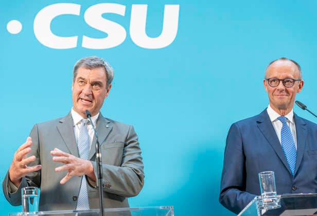 Markus Söder + Friedrich Merz EUR, Deutschland, Berlin: 29.07.2026: (l-r) Markus Söder (CSU) Ministerpäsident des Freistaates Bayern, Bundeskanzler Friedrich Merz (CDU) während der Pressekonferenz nach der Fraktionssitzung. *** Markus Söder, Friedrich Merz, EUR, Germany, Berlin, July 29, 2026 l r Markus Söder (CSU), Minister-President of the Free State of Bavaria, and Federal Chancellor Friedrich Merz (CDU) during the press conference following the parliamentary group meeting