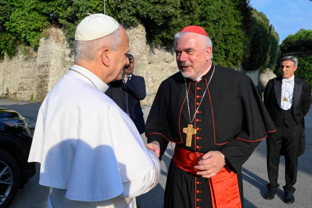 ITALY - POPE LEO XIV DURING A CONCERT IN BORGO LAUDATO SI , A 55-HECTARE EDUCATIONAL AND ENVIRONMENTAL CENTER, AT CASTEL GANDOLFO - 2026 7 29 Italy, Castel Gandolfo , Vatican, 2026 7 29 Pope Leo XIV, stringe la mano al Cardinal Fabio Baggio as he arrives to assist a concert in Borgo Laudato Si, a 55-hectare educational and environmental center, at Castel Gandolfo EDITORIAL USE ONLY - NO BOOKS Copyright: xVATICANxMEDIAx