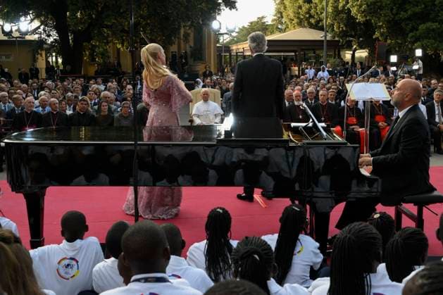 ITALY - POPE LEO XIV DURING A CONCERT IN BORGO LAUDATO SI , A 55-HECTARE EDUCATIONAL AND ENVIRONMENTAL CENTER, AT CASTEL GANDOLFO - 2026 7 29 Italy, Castel Gandolfo , Vatican, 2026 7 29 Pope Leo XIV during a concert in Borgo Laudato Si, a 55-hectare educational and environmental center, at Castel Gandolfo . Borgo Laudato Si hosted a prayer gathering promoted by the Laudato Si Centre for Higher Education and the Andrea Bocelli Foundation, bringing together an international choir of 164 children and young people from five crisis-affected regions around the world. EDITORIAL USE ONLY - NO BOOKS Copyright: xVATICANxMEDIAx