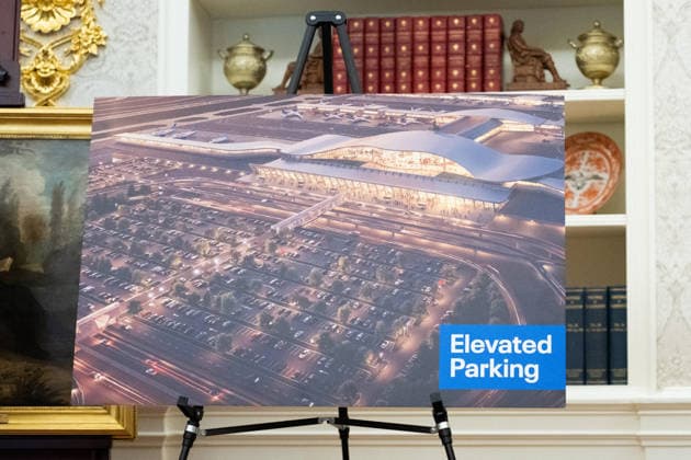 President Trump Announces Dulles Airport Redesign and Overhaul Images show proposed renovations to Dulles International Airport, in the Oval Office of the White House in Washington, DC, USA on Wednesday, July 29, 2026. President Trump is expected to announce a redesign and overhaul of Dulles International Airport in Northern Virginia. Credit: Aaron Schwartz Pool via CNP Washington District of Columbia United States  Copyright: xPool ABACAx