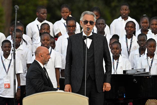ITALY - POPE LEO XIV DURING A CONCERT IN BORGO LAUDATO SI , A 55-HECTARE EDUCATIONAL AND ENVIRONMENTAL CENTER, AT CASTEL GANDOLFO - 2026 7 29 Italy, Castel Gandolfo , Vatican, 2026 7 29 Italian singer Andrea Bocelli performs during the Canticle of Peace prayer and fraternity meeting with Pope Leo XIV at Borgo Laudato Si in Castel Gandolfo, about 30 kilometers (19 miles) southwest of Rome, Italy. EDITORIAL USE ONLY - NO BOOKS Copyright: xALESSIAxGIULIANIx