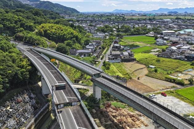 Aftermath of strong earthquake in Kumamoto Photo taken from a drone shows the damaged Minami-Kyushu Expressway in Yatsushiro, Kumamoto Prefecture, on July 29, 2026, a day after a powerful earthquake struck the southwestern Japan prefecture and its vicinity.  A14AA0005624558P