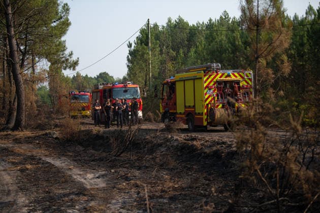 Wildfire Near Le Temple - Gironde Firefighters stand beside several fire engines on a forest road during wildfire suppression operations near Le Temple, Gironde, southwestern France, on July 29, 2026. Burned vegetation surrounds the area as crews continue working to contain the wildfire.  Copyright: xSaptexFabrice ABACAx