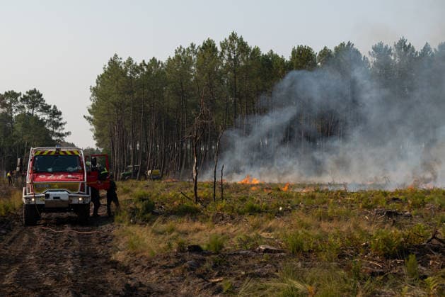 Wildfire Near Le Temple - Gironde Firefighters stand beside several fire engines on a forest road during wildfire suppression operations near Le Temple, Gironde, southwestern France, on July 29, 2026. Burned vegetation surrounds the area as crews continue working to contain the wildfire.  Copyright: xSaptexFabrice ABACAx