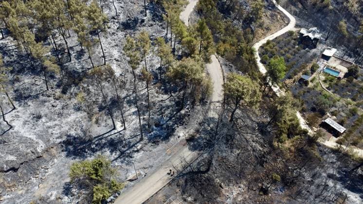 Aerial ciew reveals wildfire damage in Kumluca, Antalya ANTALYA, TURKIYE - JULY 30: An aerial view shows forested areas and buildings damaged by a wildfire that was brought under control in the Kumluca district of Antalya, on July 30, 2026 in Antalya, Turkiye. The fire left large areas of vegetation scorched and caused damage to properties in the affected region. Kasim Sakalli Anadolu Antalya Turkey. Editorial use only. Please get in touch for any other usage.  Copyright: x2026xAnadoluxKasimxSakallix