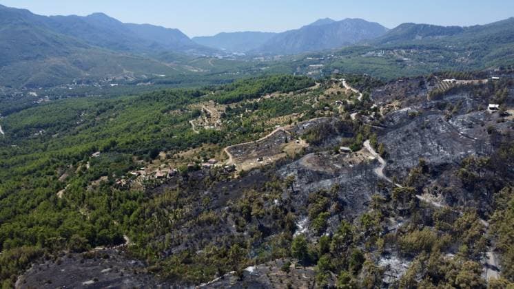 Aerial ciew reveals wildfire damage in Kumluca, Antalya ANTALYA, TURKIYE - JULY 30: An aerial view shows forested areas and buildings damaged by a wildfire that was brought under control in the Kumluca district of Antalya, on July 30, 2026 in Antalya, Turkiye. The fire left large areas of vegetation scorched and caused damage to properties in the affected region. Kasim Sakalli Anadolu Antalya Turkey. Editorial use only. Please get in touch for any other usage.  Copyright: x2026xAnadoluxKasimxSakallix
