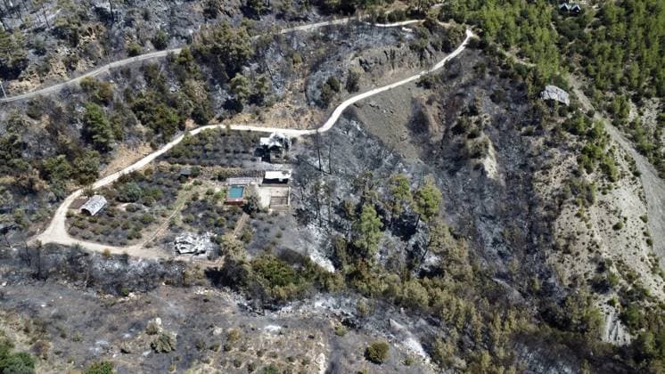 Aerial ciew reveals wildfire damage in Kumluca, Antalya ANTALYA, TURKIYE - JULY 30: An aerial view shows forested areas and buildings damaged by a wildfire that was brought under control in the Kumluca district of Antalya, on July 30, 2026 in Antalya, Turkiye. The fire left large areas of vegetation scorched and caused damage to properties in the affected region. Kasim Sakalli Anadolu Antalya Turkey. Editorial use only. Please get in touch for any other usage.  Copyright: x2026xAnadoluxKasimxSakallix
