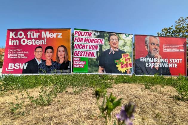 Halle (Saale), Sachsen-Anhalt, Deutschland, 30.07.2026: Wahlplakate zur Landtagswahl von Claudia Wittig (BSW), Thomas Schulze (BSW), Susan Sziborra-Seidlitz (Grüne) und Armin Willingmann (SPD) *** Halle an der Saale, Saxony-Anhalt, Germany, July 30, 2026: Election posters for the state legislative election featuring Claudia Wittig (BSW), Thomas Schulze (BSW), Susan Sziborra Seidlitz (The Greens), and Armin Willingmann (SPD) Copyright: xdtsxNachrichtenagenturx dts_129056