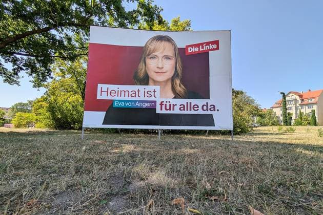 Halle (Saale), Sachsen-Anhalt, Deutschland, 30.07.2026: Wahlplakat zur Landtagswahl von Eva von Angern (Linke) *** Halle, Saale, Saxony-Anhalt, Germany, July 30, 2026 Election poster for the state election by Eva von Angern (The Left) Copyright: xdtsxNachrichtenagenturx dts_129049