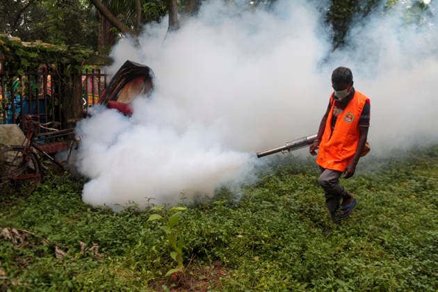 July 30, 2026, Dhaka, Dhaka, Bangladesh: A worker of the Dhaka South City Corporation sprays insecticide with a fogging machine at a dumping area in the Shahbagh police station area of Dhaka, Bangladesh, on July 30, 2026. According to the Directorate General of Health Services (DGHS), three people died from dengue and 467 patients were hospitalized with the mosquito-borne disease in the past 24 hours. Since January, the nationwide death toll has reached 53, while the total number of confirmed dengue cases has risen to 15,157. Dhaka Bangladesh - ZUMAj163 20260730_zip_j163_013 Copyright: xAbuxSufianxJewelx