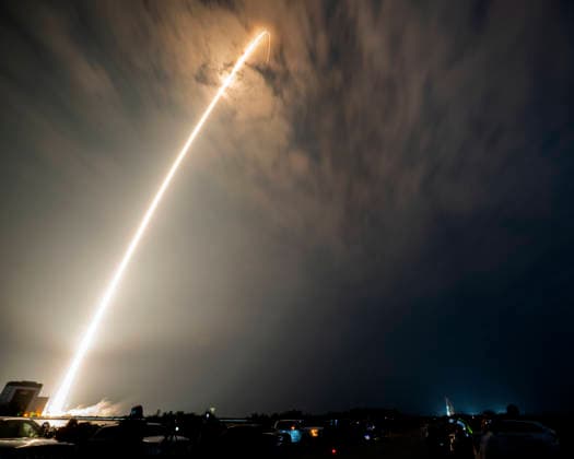 Time exposure of the SpaceX Falcon 9 rocket as it launches on a mission carrying a classified payload from Launch Complex 40 at 3:10 AM at the Cape Canaveral Space Force Station, Florida on Wednesday July 30, 2026. The National Reconnaissance Office will manage the payload (NROL-95) as part of the National Space Security Launch Phase 2.  CCP20260730006 JOExMARINO