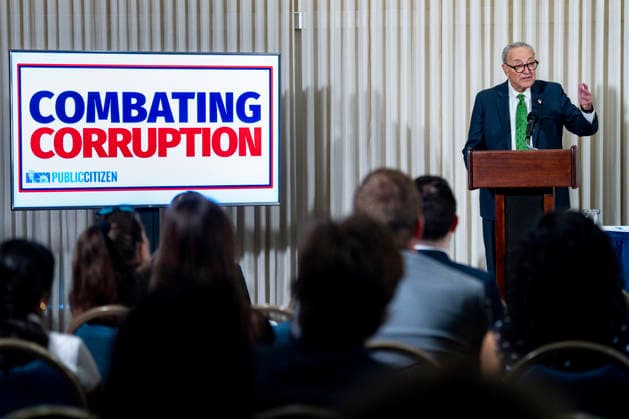 Senate Minority Leader Chuck Schumer, D-NY, speaks during an anti-corruption forum at the National Press Club in Washington, DC on Thursday, July 29, 2026. Schumer announced a bill that would create a federal agency, the Anti-Corruption Bureau, to investigate corruption, particularly targeting the Trump Administration.  WAP20260730310 BONNIExCASH