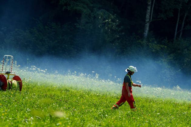 Firefighters battle mountain wildfire near Oberwössen in Bavaria. Germany - Oberwössen, 30.07.2026 Firefighters battle a mountain wildfire above Oberwössen in the Traunstein district of Bavaria on Thursday. Ground crews, supported by police helicopters carrying out bambi buckets, work to contain the blaze in steep and difficult-to-access terrain. Bavaria