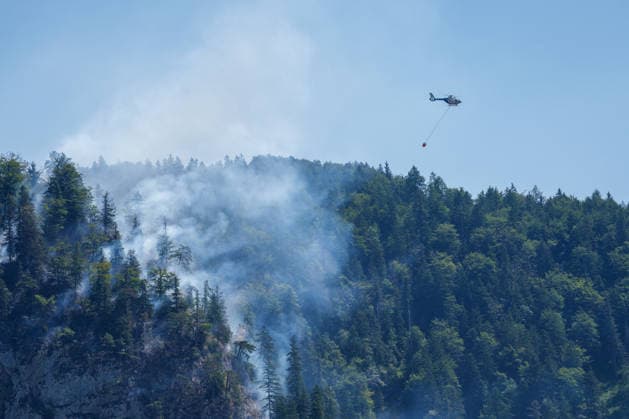 Firefighters battle mountain wildfire near Oberwössen in Bavaria. Germany - Oberwössen, 30.07.2026 Firefighters battle a mountain wildfire above Oberwössen in the Traunstein district of Bavaria on Thursday. Ground crews, supported by police helicopters carrying out bambi buckets, work to contain the blaze in steep and difficult-to-access terrain. Bavaria