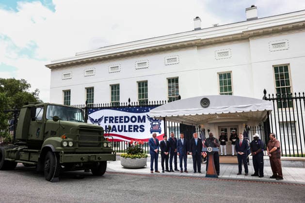 The cab of a semitruck is parked outside the West Wing of the White House as President Donald Trump announces a program to allow veterans to expedite a career in commercial trucking in Washington, DC, on Thursday July 30, 2026. Known as the Freedom Haulers program, the initiative would allow any US veterans who drove heavy equipment to be automatically eligible for a commercial trucking license.  WASP20260730102 JIMxLOxSCALZO