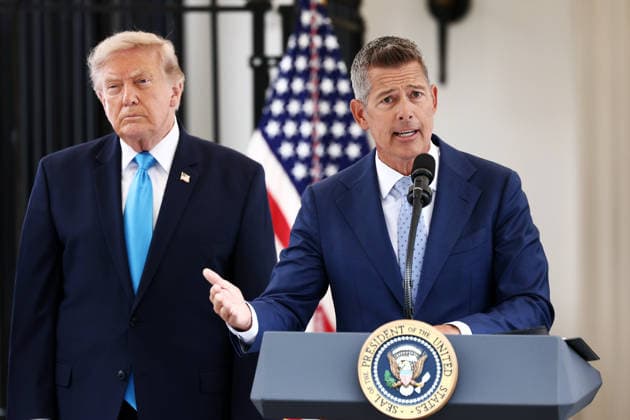 Secretary of Transport Sean Duffy speaks as President Donald Trump announces a program to allow veterans to expedite a career in commercial trucking in Washington, DC, on Thursday July 30, 2026. Known as the Freedom Haulers program, the initiative would allow any US veterans who drove heavy equipment to be automatically eligible for a commercial trucking license.  WASP20260730113 JIMxLOxSCALZO
