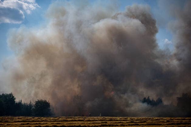 Forest fire breaks out in Czech Republic VETRKOVICE, CZECH REPUBLIC - JULY 30: Firefighters battle flames as vegetation and a nearby field burn during a forest fire in Vetrkovice (Moravian-Silesian Region), Czech Republic on July 30, 2026. The fire is being extinguished by 30 units of firefighters, which is approximately 150 firefighters, according to the press spokesperson of the fire department. Also two Black Hawk helicopters and a police Bell. The area affected by the fire is approximately 27 hectares. Lukas Kabon Anadolu Vetrkovice Czech Republic. Editorial use only. Please get in touch for any other usage.  Copyright: x2026xAnadoluxLukasxKabonx