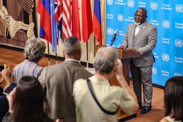 July 30, 2026, New York, New York, United States: ZENON MUKONGO NGAY, President of the United Nations Security Council for July and Permanent Representative of the Democratic Republic of the Congo to the United Nations, briefs reporters following the Security CouncilÃ¢â‚¬â ¢s first informal straw poll on candidates for the next United Nations Secretary-General. In the first round of voting, REBECA GRYNSPAN of Costa Rica emerged as the frontrunner with 10 encouragement votes, followed by CAROLYN RODRIGUES-BIRKETT of Guyana with nine and RAFAEL GROSSI of Argentina with seven. The informal straw poll is part of the Security CouncilÃ¢â‚¬â ¢s process to assess support for candidates before recommending a nominee to the General Assembly. New Yor  - ZUMAo116 20260730_znp_o116_004 Copyright: xBiancaxOterox
