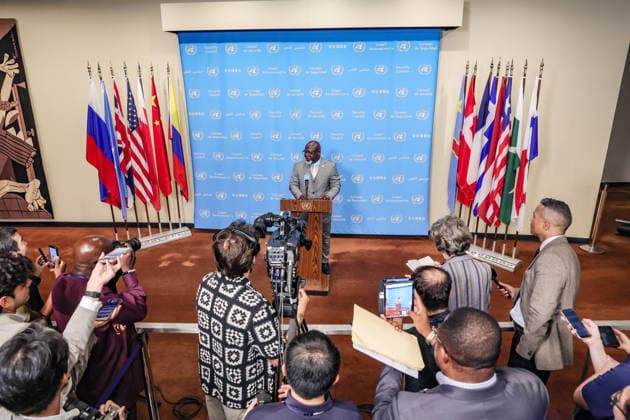 July 30, 2026, New York, New York, United States: ZENON MUKONGO NGAY, President of the United Nations Security Council for July and Permanent Representative of the Democratic Republic of the Congo to the United Nations, briefs reporters following the Security CouncilÃ¢â‚¬â ¢s first informal straw poll on candidates for the next United Nations Secretary-General. In the first round of voting, REBECA GRYNSPAN of Costa Rica emerged as the frontrunner with 10 encouragement votes, followed by CAROLYN RODRIGUES-BIRKETT of Guyana with nine and RAFAEL GROSSI of Argentina with seven. The informal straw poll is part of the Security CouncilÃ¢â‚¬â ¢s process to assess support for candidates before recommending a nominee to the General Assembly. New Yor - ZUMAo116 20260730_znp_o116_002 Copyright: xBiancaxOterox