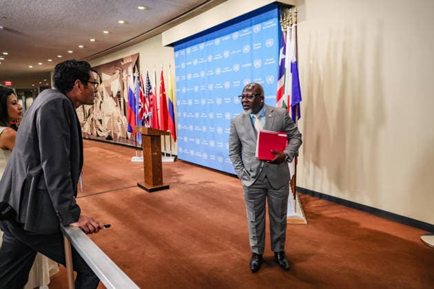 July 30, 2026, New York, New York, United States: ZENON MUKONGO NGAY, President of the United Nations Security Council for July and Permanent Representative of the Democratic Republic of the Congo to the United Nations, briefs reporters following the Security CouncilÃ¢â‚¬â ¢s first informal straw poll on candidates for the next United Nations Secretary-General. In the first round of voting, REBECA GRYNSPAN of Costa Rica emerged as the frontrunner with 10 encouragement votes, followed by CAROLYN RODRIGUES-BIRKETT of Guyana with nine and RAFAEL GROSSI of Argentina with seven. The informal straw poll is part of the Security CouncilÃ¢â‚¬â ¢s process to assess support for candidates before recommending a nominee to the General Assembly. New Yor - ZUMAo116 20260730_znp_o116_003 Copyright: xBiancaxOterox