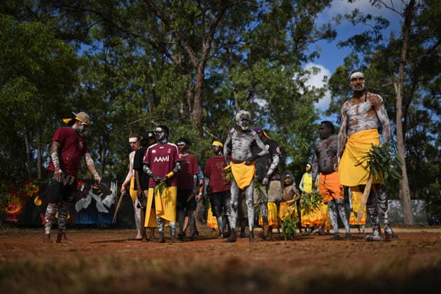 GARMA FESTIVAL, Members from the Gumatj clan of the Yolngu people from north-eastern Arnhem Land prepare for the bunggal during the 26th annual Garma Festival in Gulkula, Northern Territory, Friday, July 31, 2026. The Garma Festival takes place on the remote northeast Arnhem Land, celebrating Yolngu culture and customs in a four-day event hosted by the Yothu Yindi Foundation. ( NO ARCHIVING Gulkula Ceremonial Site Northern Territory Australia  Copyright: xJamesxRossx 20260731182828559127