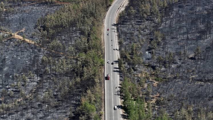 Aerial view shows fire-damaged forest area in Fethiye, Mugla MUGLA, TURKIYE - JULY 31: An aerial view shows the forested area damaged by a fire in the Fethiye district of Mugla, Turkiye on July 31, 2026. The wildfire left visible damage across the woodland area. Ali Riza Akkir Anadolu Mugla Turkey. Editorial use only. Please get in touch for any other usage.  Copyright: x2026xAnadoluxAlixRizaxAkkirx