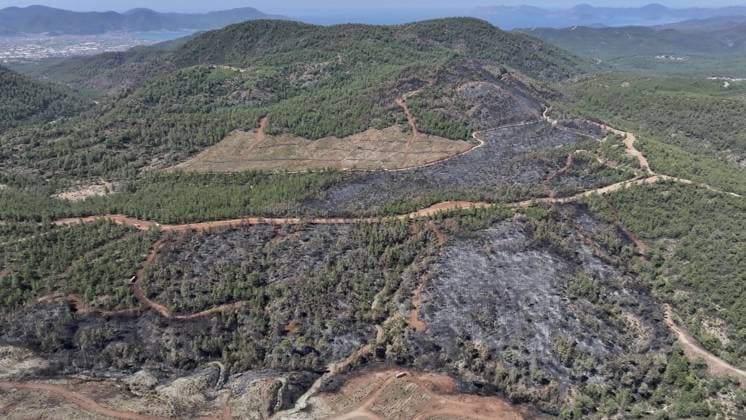 Aerial view shows fire-damaged forest area in Fethiye, Mugla MUGLA, TURKIYE - JULY 31: An aerial view shows the forested area damaged by a fire in the Fethiye district of Mugla, Turkiye on July 31, 2026. The wildfire left visible damage across the woodland area. Ali Riza Akkir Anadolu Mugla Turkey. Editorial use only. Please get in touch for any other usage.  Copyright: x2026xAnadoluxAlixRizaxAkkirx