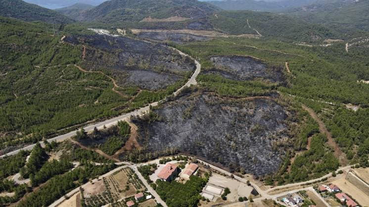 Aerial view shows fire-damaged forest area in Fethiye, Mugla MUGLA, TURKIYE - JULY 31: An aerial view shows the forested area damaged by a fire in the Fethiye district of Mugla, Turkiye on July 31, 2026. The wildfire left visible damage across the woodland area. Ali Riza Akkir Anadolu Mugla Turkey. Editorial use only. Please get in touch for any other usage.  Copyright: x2026xAnadoluxAlixRizaxAkkirx