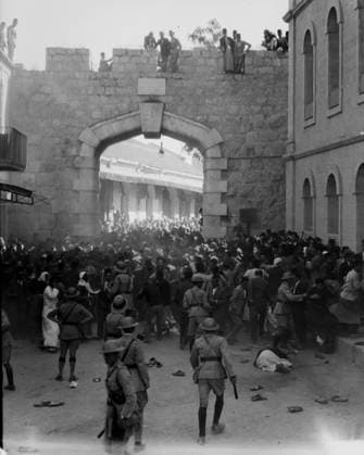 RECORD DATE NOT STATED Arab demonstrations 1933. Arab demonstrations 1933. Arab demonstration at the New Gate. Police cordon stopping the procession Editorial use only. All other uses to be cleared with the copyright owner (World History Archive), in advance., WHA_034_0177.jpg, Arab; demonstration; 1933; New Gate; police cordon; procession; protest; Middle East; history; conflict; Jerusalem; Palestine; Arab nationalism; political; unrest; crowd; street; activism; Arab world; colonialism; British mandate; Arab uprising; resistance; Arab identity; nationalism; Arab culture; Arab history; Arab heritage; Arab pride; Arab community; Arab solidarity Copyright: xx