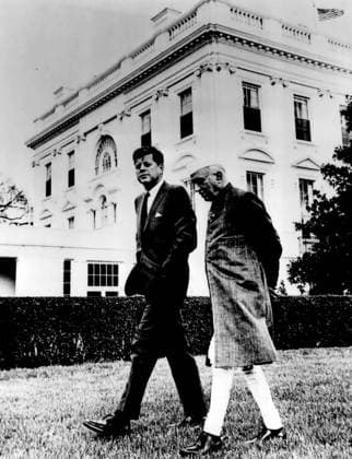 RECORD DATE NOT STATED Prime Minister Jawaharlal Nehru and President John F. Kennedy 1961 A.D. Prime Minister Jawaharlal Nehru with President John F. Kennedy Walking Along the White House Lawn 1961 Editorial use only. All other uses to be cleared with the copyright owner (World History Archive), in advance., WHA_035_0337.jpg, Prime Minister Jawaharlal Nehru; President John F. Kennedy; White House Lawn; 1961; historic meeting; political leaders; United States; India; diplomacy; international relations; friendship; walking; leaders; statesmen; historical moment; Washington D.C.; government officials; world leaders; iconic image; Cold War era; foreign policy; alliance; partnership; summit meeting; influential figures; 1960s; American president Copyright: xx
