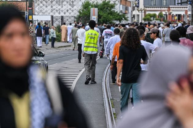a funeral procession in the streets during the funeral ceremony of Driss Atounane, in Brussels. The Schaerbeek resident was attacked on July 23 on the No. 55 tram while reportedly stepping in to defend a female passenger who was the target of racist and Islamophobic remarks from another passenger on the bus.  EMILExWINDAL 182475225