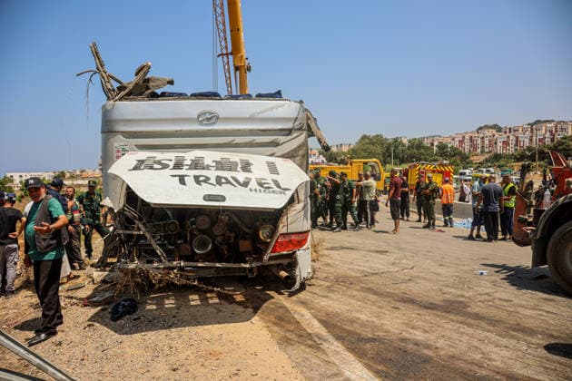 At least 25 killed, 44 injured as passenger bus overturns in northern Algeria BOUMERDES, ALGERIA - JULY 31: Emergency and search-and-rescue teams work at the scene where a passenger bus traveling from Setif veered off road and overturned in Boumerdes province, northern Algeria, on July 31, 2026. At least 25 people were killed and 44 others injured after the tragic accident on Friday, the country s Civil Protection said. Hamza Zait Anadolu Boumerdes Algeria. Editorial use only. Please get in touch for any other usage.  Copyright: x2026xAnadoluxHamzaxZaitx
