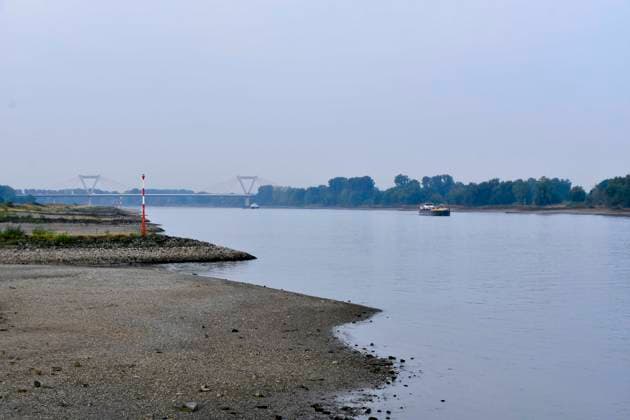 ABB RHEIN- Fahrwasser des Rhein Niedrigwasser Rheinufer, bei Düsseldorf Oberkassel Zur Zeit Eingeschrenkter Schiffsverkehr auf dem Rhein bei Oberkassel Rheinbruecke Binnenschiffer Lastschiff Frachtschiff Transportschiff Lastkahn zur Zeit nicht voll beladen auf dem Rhein Wasser unterwegs Düsselorf 31.07.2027 Der Rhein hat einen sehr niedrigen Wasserstand extremes Niedrigwasser Rheinpegel unter 40 cm Tendenz fallend NRW Deutschland *** ABB RHINE Rhine navigation channel Low water level Rhine riverbank, near Düsseldorf-Oberkassel Currently, restricted vessel traffic on the Rhine near Oberkassel Rhine Bridge inland waterway vessels cargo ship freight ship transport ship barge currently not fully loaded on the Rhine traveling on the water