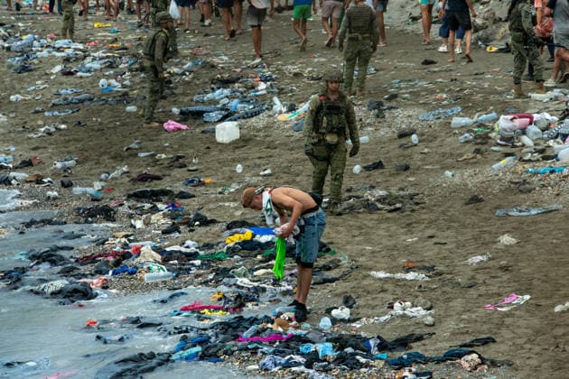 July 31, 2026, Ceuta, Ceuta, Spain: Soldiers monitor the situation as hundreds of migrants attempt to swim from Morocco to the Spanish city of Ceuta in North Africa. Ceuta Spain  - ZUMAd308 20260731_zsp_d308_039 Copyright: xJuanxCarlosxLucasx