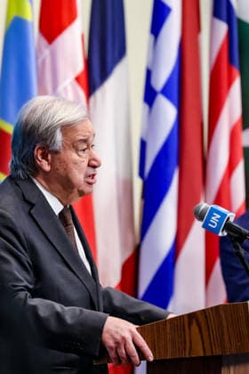 July 31, 2026, New York, New York, United States: United Nations Secretary General, ANTONIO GUTERRES speaks to reporters at the Security Council stakeout at UNHQ. Guterres discussed his recent visits to Syria, Jordan and Cyprus, the conflict in the Middle East, including the announced roadmap for Hamas to relinquish its weapons and for Israel to withdraw from Gaza, and the growing global impacts of extreme heat and climate change. New York United States  - ZUMAo116 20260731_znp_o116_011 Copyright: xBiancaxOterox
