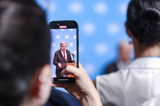 July 31, 2026, New York, New York, United States: United Nations Secretary General, ANTONIO GUTERRES seen on a smart phone as as he answers questions from the press at the Security Council stakeout at UNHQ. Guterres discussed his recent visits to Syria, Jordan and Cyprus, the conflict in the Middle East, including the announced roadmap for Hamas to relinquish its weapons and for Israel to withdraw from Gaza, and the growing global impacts of extreme heat and climate change. New York United States  - ZUMAo116 20260731_znp_o116_035 Copyright: xBiancaxOterox