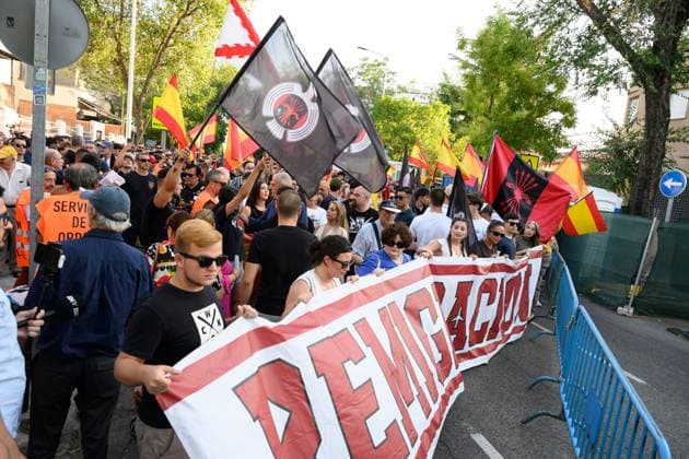 July 31, 2026, Madrid, Spain: MADRID, SPAIN Ã¢â‚¬ JULY 31, 2026: Participants attend a demonstration outside the Moroccan Embassy in Madrid, called by the far-right groups Falange EspaoÂ±ola and NoÂºcleo Nacional, following recent migrant arrivals through Spain s North African enclave of Ceuta. Protesters wave Spanish flags, display banners and chant slogans during the demonstration, while some participants are seen making gestures commonly associated with Nazi salutes. Madrid Spain  - ZUMAq101 20260731_zna_q101_227 Copyright: xTomasxCallex