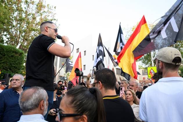 July 31, 2026, Madrid, Spain: MADRID, SPAIN Ã¢â‚¬ JULY 31, 2026: Participants attend a demonstration outside the Moroccan Embassy in Madrid, called by the far-right groups Falange EspaoÂ±ola and NoÂºcleo Nacional, following recent migrant arrivals through Spain s North African enclave of Ceuta. Protesters wave Spanish flags, display banners and chant slogans during the demonstration, while some participants are seen making gestures commonly associated with Nazi salutes. Madrid Spain - ZUMAq101 20260731_zna_q101_212 Copyright: xTomasxCallex