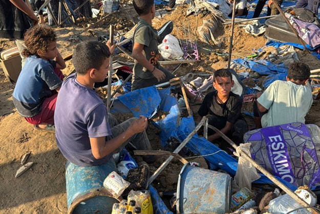 Displaced Palestinians inspect damage after Israeli strike in Deir al-Balah Displaced Palestinians inspect the damage to their tents and belongings following an Israeli airstrike that targeted the medical supplies and pharmaceuticals warehouse of Al-Aqsa Martyrs Hospital in Deir al-Balah, central Gaza Strip, on August 1, 2026. The strike caused extensive destruction to the warehouse and to tents sheltering displaced Palestinians near the targeted site. Photo by Ahmed Ibrahim apaimages Deir al-Balah Gaza Palestinian Territory 010826_Deir_al-Balah_AI_00(11) Copyright: xapaimagesxAhmedxIbrahimx xapaimagesx