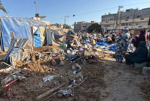 Displaced Palestinians inspect damage after Israeli strike in Deir al-Balah Displaced Palestinians inspect the damage to their tents and belongings following an Israeli airstrike that targeted the medical supplies and pharmaceuticals warehouse of Al-Aqsa Martyrs Hospital in Deir al-Balah, central Gaza Strip, on August 1, 2026. The strike caused extensive destruction to the warehouse and to tents sheltering displaced Palestinians near the targeted site. Photo by Ahmed Ibrahim apaimages Deir al-Balah Gaza Palestinian Territory 010826_Deir_al-Balah_AI_00(24) Copyright: xapaimagesxAhmedxIbrahimx xapaimagesx