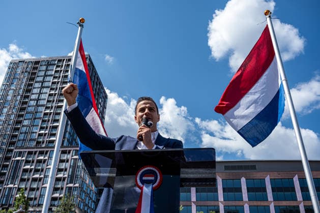 August 1, 2026, Utrecht, Utrecht, The Netherlands: Dries Van Langenhove, a former Vlaams Belang member of parliament, addresses the demonstrators. The organization Save Europe Act is kicking off the so-called European Shield Tour at Jaarbeursplein in Utrecht. During the demonstration, several participants are wearing clothing bearing the word Ã¢â‚¬ËœRemigration,Ã¢â‚¬â ¢ and a large banner with the same text is rolled out. Speakers are calling for remigration. Among those present, several Dutch flags and a Flemish flag are visible. Utrecht The Netherlands  - ZUMAg281 20260801_zaf_g281_013 Copyright: xStormxGroenendijkx