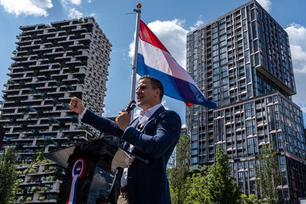 August 1, 2026, Utrecht, Utrecht, The Netherlands: Dries Van Langenhove, a former Vlaams Belang member of parliament, addresses the demonstrators. The organization Save Europe Act is kicking off the so-called European Shield Tour at Jaarbeursplein in Utrecht. During the demonstration, several participants are wearing clothing bearing the word Ã¢â‚¬ËœRemigration,Ã¢â‚¬â ¢ and a large banner with the same text is rolled out. Speakers are calling for remigration. Among those present, several Dutch flags and a Flemish flag are visible. Utrecht The Netherlands - ZUMAg281 20260801_zaf_g281_011 Copyright: xStormxGroenendijkx
