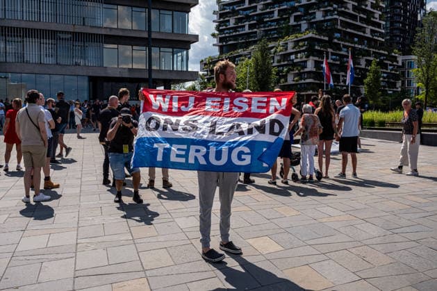August 1, 2026, Utrecht, Utrecht, The Netherlands: The organization Save Europe Act is kicking off the so-called European Shield Tour at Jaarbeursplein in Utrecht. During the demonstration, several participants are wearing clothing bearing the word Ã¢â‚¬ËœRemigration,Ã¢â‚¬â ¢ and a large banner with the same text is rolled out. Speakers are calling for remigration. Among those present, several Dutch flags and a Flemish flag are visible. Utrecht The Netherlands  - ZUMAg281 20260801_zaf_g281_019 Copyright: xStormxGroenendijkx