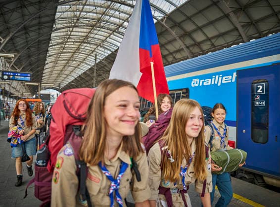 A group of Czech Scouts set out today, on Saturday, August 1st, 2026, on the morning train from the Prague Main Station to Budapest for this year s Central European Jamboree in Hungary, including ten Girl Scouts from Prague-Brevnov who said they would introduce participants from several European countries to some Czech traditions. The girls, who also packed typical Czech snacks into their backpacks, have been going to camps with their troop since their childhood, but for most of them, this is their first international Scouting experience. They are curious about the activities prepared for them by the local Hungarians as well as Scouts from Poland, Slovakia, Romania and other countries, and are looking forward to exchanging scarves, badges a  CTKPhotoP2026080101961