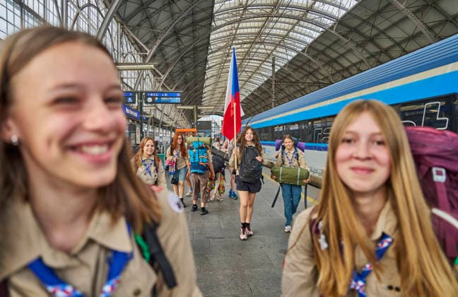 A group of Czech Scouts set out today, on Saturday, August 1st, 2026, on the morning train from the Prague Main Station to Budapest for this year s Central European Jamboree in Hungary, including ten Girl Scouts from Prague-Brevnov who said they would introduce participants from several European countries to some Czech traditions. The girls, who also packed typical Czech snacks into their backpacks, have been going to camps with their troop since their childhood, but for most of them, this is their first international Scouting experience. They are curious about the activities prepared for them by the local Hungarians as well as Scouts from Poland, Slovakia, Romania and other countries, and are looking forward to exchanging scarves, badges a  CTKPhotoP2026080101962