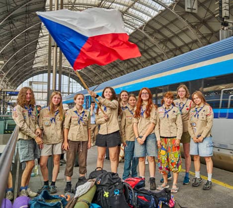 A group of Czech Scouts set out today, on Saturday, August 1st, 2026, on the morning train from the Prague Main Station to Budapest for this year s Central European Jamboree in Hungary, including ten Girl Scouts from Prague-Brevnov who said they would introduce participants from several European countries to some Czech traditions. The girls, who also packed typical Czech snacks into their backpacks, have been going to camps with their troop since their childhood, but for most of them, this is their first international Scouting experience. They are curious about the activities prepared for them by the local Hungarians as well as Scouts from Poland, Slovakia, Romania and other countries, and are looking forward to exchanging scarves, badges a  CTKPhotoP2026080101964